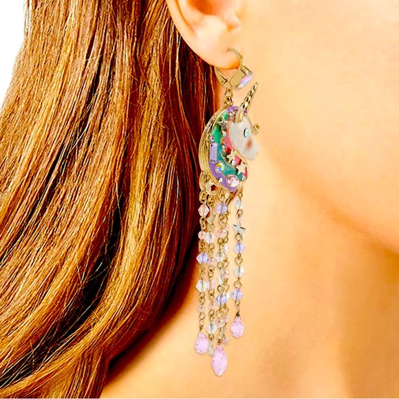 New  Betsey Johnson Unicorn Fringe Chandelier Earrings - Picture 2 of 15